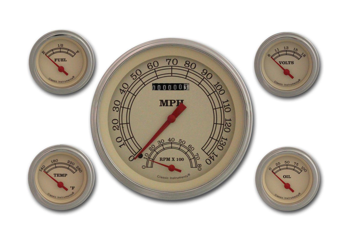 Classic Instruments VT65SLF Vintage - 5 Gauge Set 4-5/8" Speedtachular & 2-1/8" Fuel, Oil, Temp, Volts