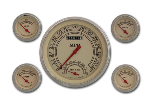 Classic Instruments VT65SLF Vintage - 5 Gauge Set 4-5/8" Speedtachular & 2-1/8" Fuel, Oil, Temp, Volts