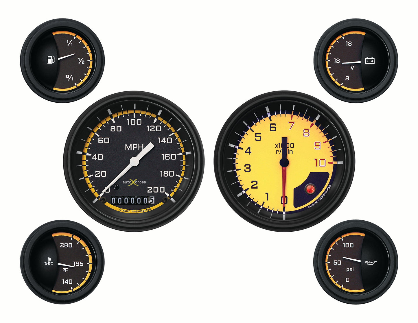 Classic Instruments AX01YBLF Autocross Yellow - 6 Gauge Set 3-3/8" Speedo & Tacho, 2-1/18" Fuel, Oil, Temp, Volts
