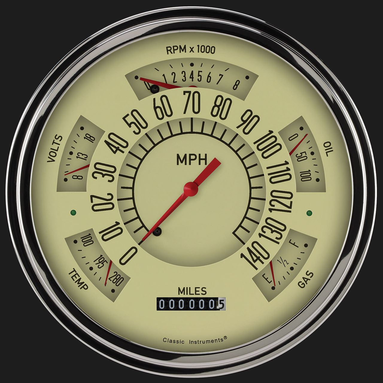 Classic Instruments SX01TSLF Tan - 6 Gauge Set 3-3/8" Speedo & Tacho, 2-1/18" Fuel, Oil, Temp, Volts