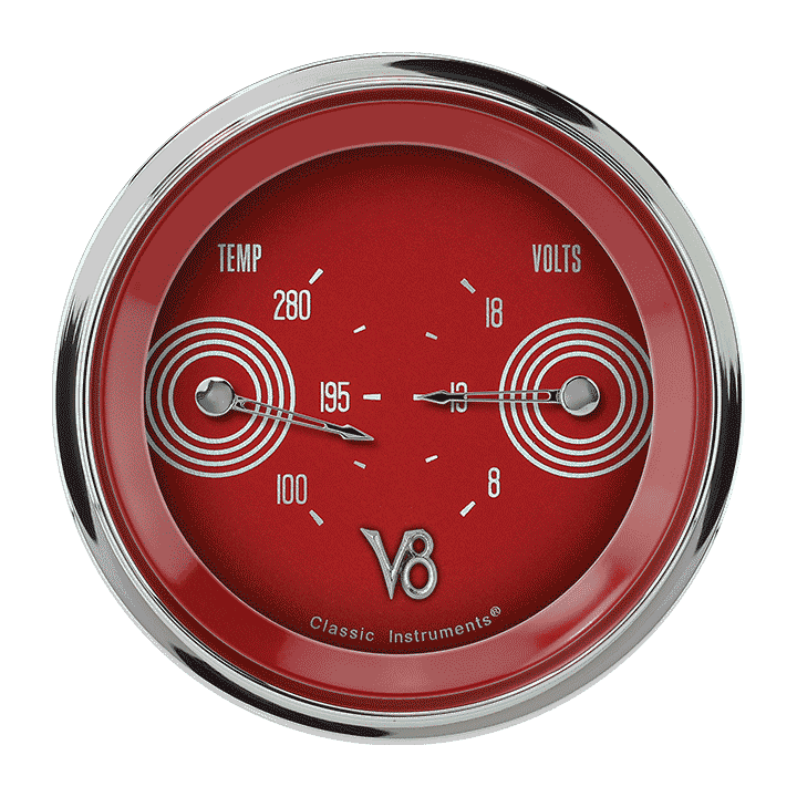 Classic Instruments V8RS74SHC V8 Red Steelie - Dual Gauge 3-3/8" Temp & Volt