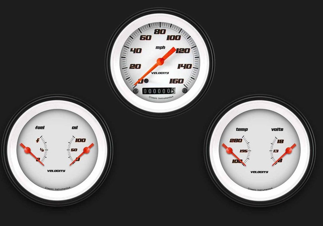 Classic Instruments VS04WBLF Velocity White - 3 Gauge Set 3-3/8" Speedo & 2x Dual