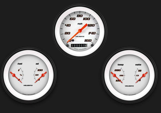 Classic Instruments VS04WBLF Velocity White - 3 Gauge Set 3-3/8" Speedo & 2x Dual