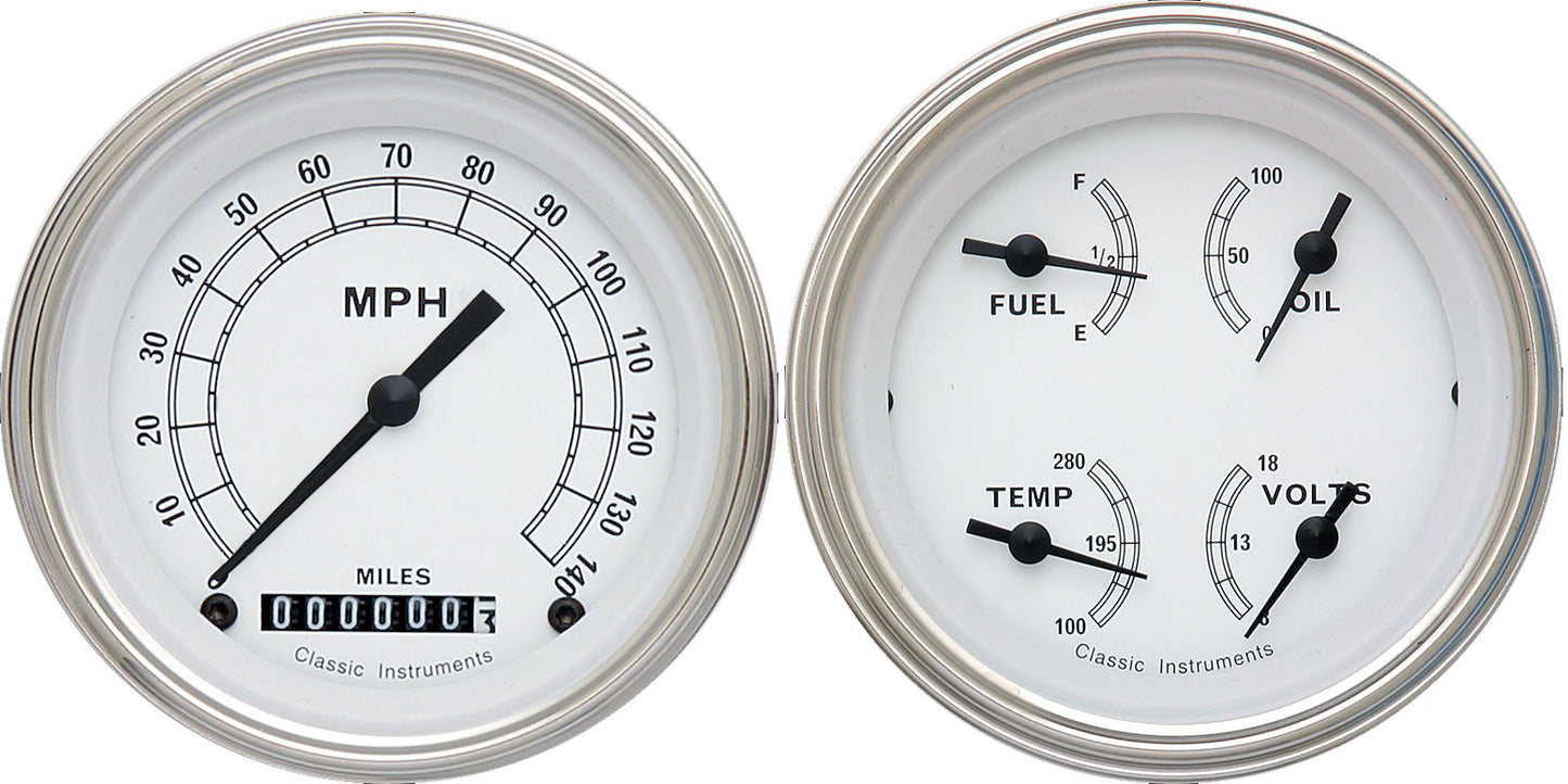 Classic Instruments CW02SLF Classic White - 2 Gauge Set 3-3/8" Speedo & 3-3/8" Quad