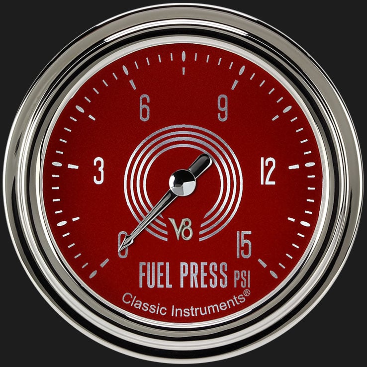 Classic Instruments V8RS345SLC V8 Red Steelie 2 5/8" Fuel Pressure Gauge, 15 psi
