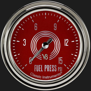 Classic Instruments V8RS345SLC V8 Red Steelie 2 5/8" Fuel Pressure Gauge, 15 psi