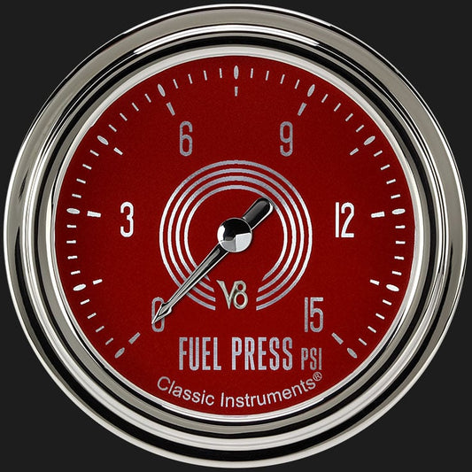 Classic Instruments V8RS345SLC V8 Red Steelie 2 5/8" Fuel Pressure Gauge, 15 psi