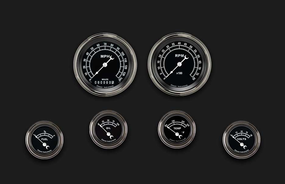 Classic Instruments TR01SLF Traditional - 6 Gauge Set 3-3/8" Speedo & Tacho, 2-1/18" Fuel, Oil, Temp, Volts