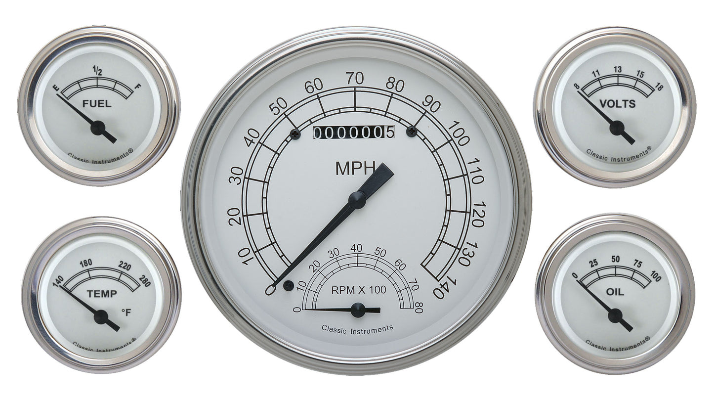 Classic Instruments CW65SLF Classic White - 5 Gauge Set 4-5/8" Speedtachular & 2-1/8" Fuel, Oil, Temp, Volts
