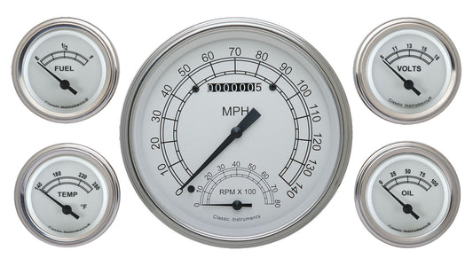 Classic Instruments CW65SLF Classic White - 5 Gauge Set 4-5/8" Speedtachular & 2-1/8" Fuel, Oil, Temp, Volts