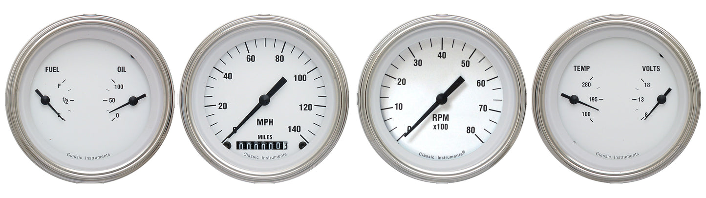 Classic Instruments WH05SLF White Hot - 4 Gauge Set 3-3/8" Speedo, Tacho & 2x Dual