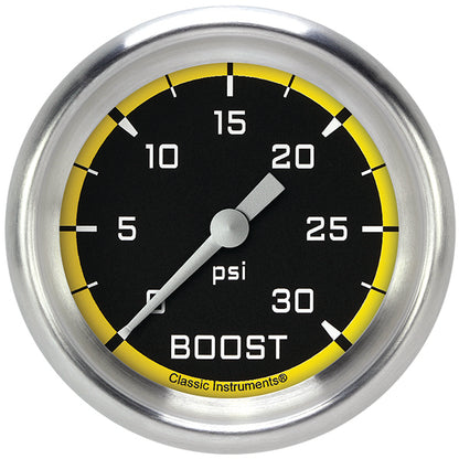 Classic Instruments AX342YAPF Autocross Yellow 2 5/8" Boost Gauge, 30 psi