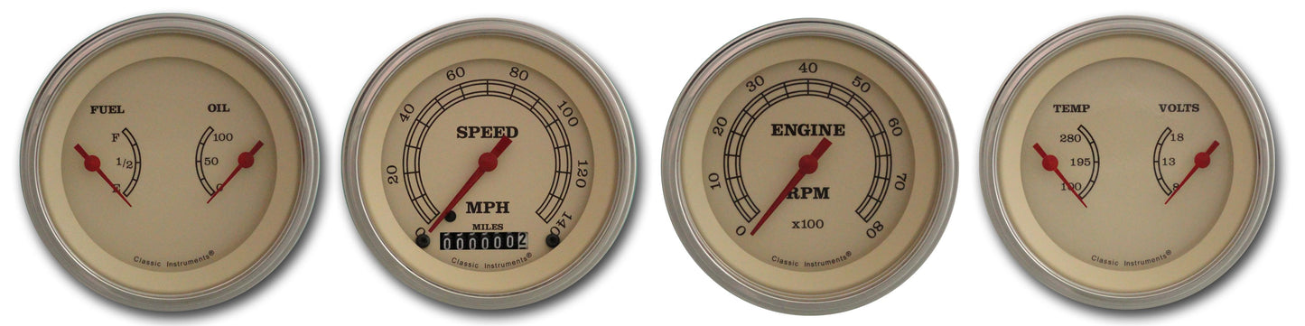 Classic Instruments VT05SLF Vintage - 4 Gauge Set 3-3/8" Speedo, Tacho & 2x Dual