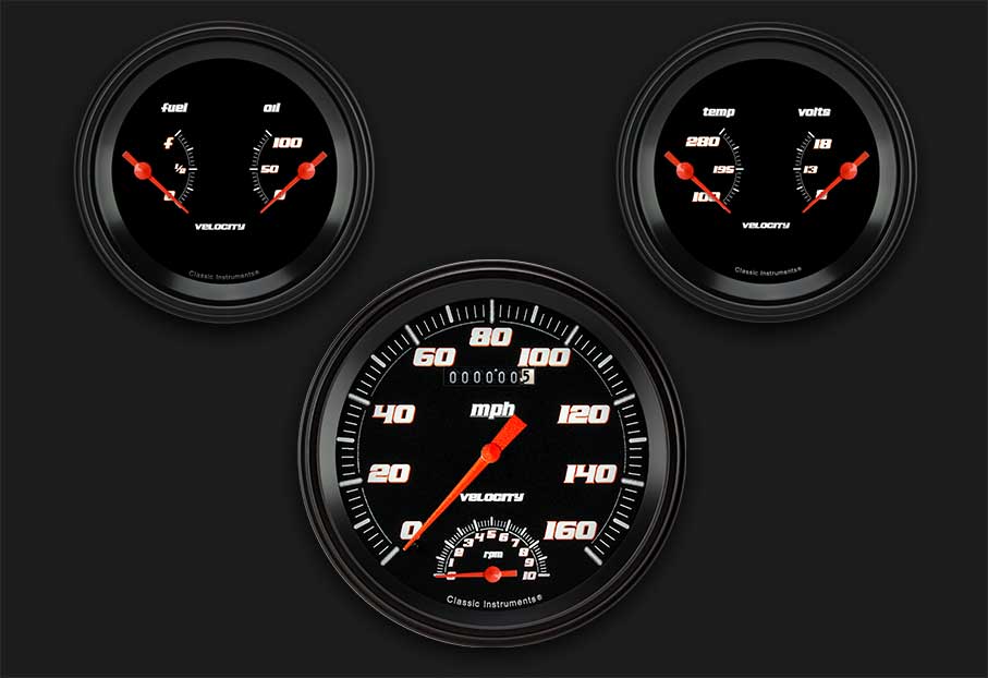 Classic Instruments VS61BBLF Velocity Black - 3 Gauge Set 4-5/8" Speedtachular & 2x 3-3/8" Duals