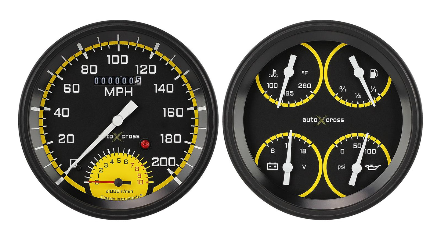 Classic Instruments AX62YBLF Autocross Yellow - 2 Gauge Set 4-5/8" Speedtachular & Quad