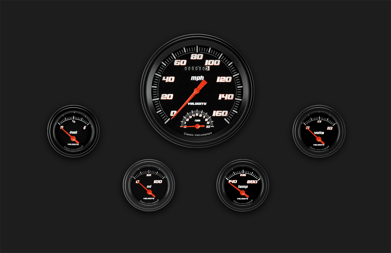 Classic Instruments VS65BBLF Velocity Black - 5 Gauge Set 4-5/8" Speedtachular & 2-1/8" Fuel, Oil, Temp, Volts