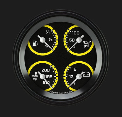 Classic Instruments AX77YBLF Autocross Yellow - Quad Gauge 3-3/8" (0-30 OHM)