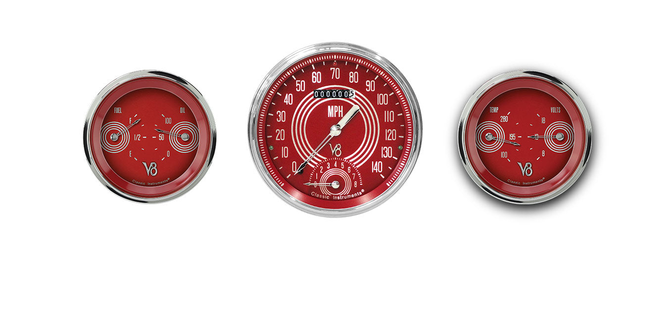 Classic Instruments V8RS61SLC V8 Red Steelie - 3 Gauge Set 4-5/8" Speedtachular & 2x 3-3/8" Duals