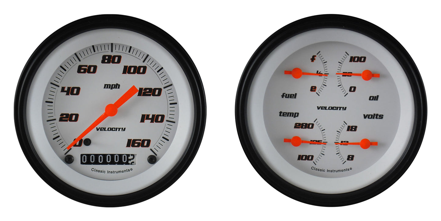 Classic Instruments VS02WBLF Velocity White - 2 Gauge Set 3-3/8" Speedo & 3-3/8" Quad
