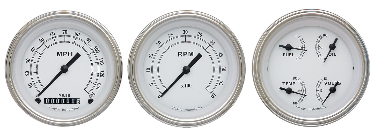 Classic Instruments CW03SLF Classic White - 3 Gauge Set 3-3/8" Speedo, Tach & Dual