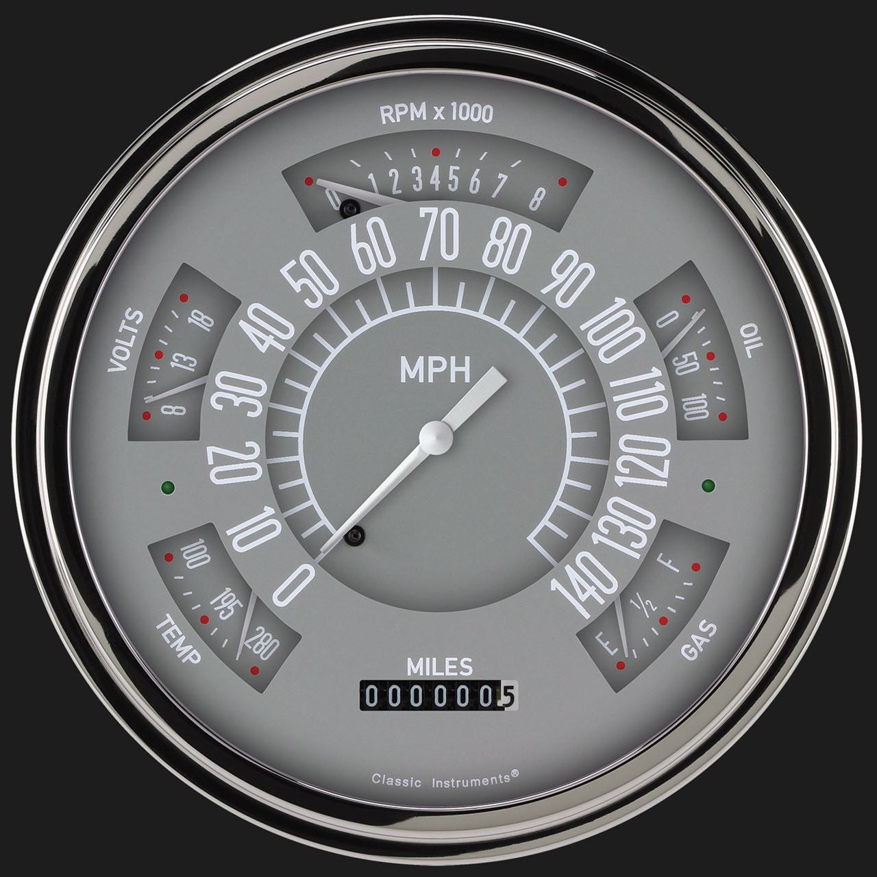Classic Instruments SX01GSLF Gray - 6 Gauge Set 3-3/8" Speedo & Tacho, 2-1/18" Fuel, Oil, Temp, Volts