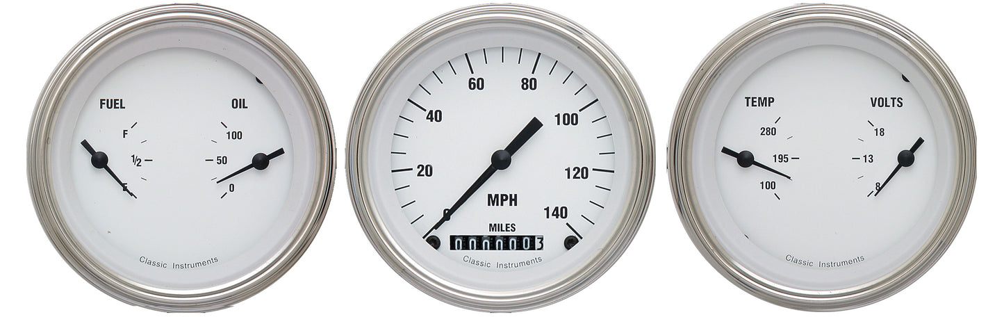 Classic Instruments WH04SLF White Hot - 3 Gauge Set 3-3/8" Speedo & 2x Dual