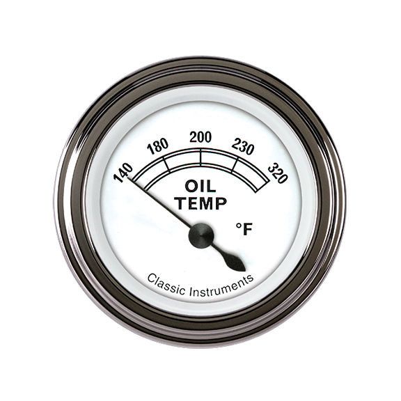 Oil temperature gauge with a white face and black markings on a white background