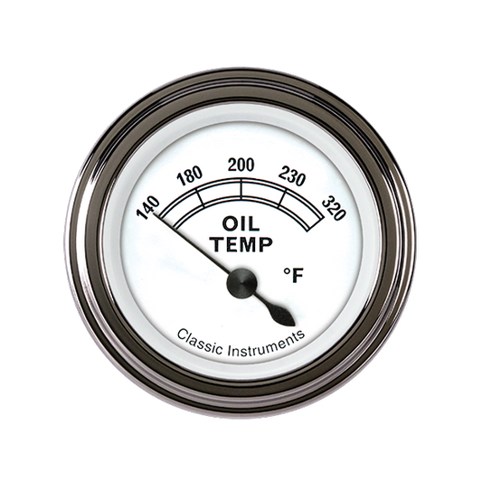 Oil temperature gauge with a white face and black markings on a white background