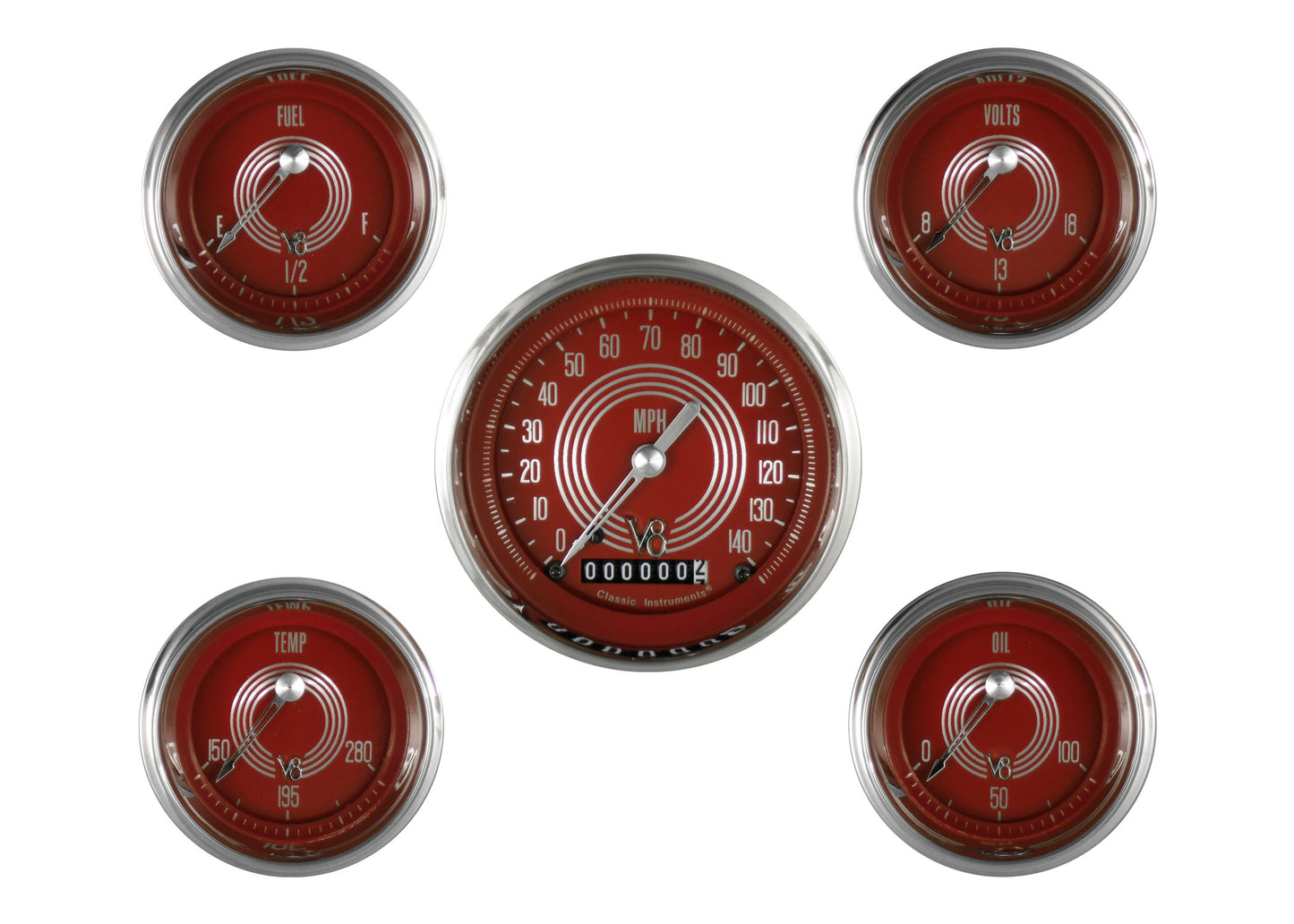 Classic Instruments V8RS00SHC V8 Red Steelie - 5 Gauge Set 3-3/8" Speedo, 2-1/18" Fuel, Oil, Temp, Volts