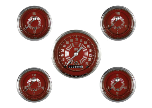 Classic Instruments V8RS00SHC V8 Red Steelie - 5 Gauge Set 3-3/8" Speedo, 2-1/18" Fuel, Oil, Temp, Volts