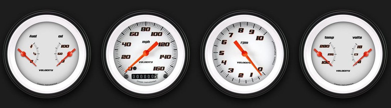 Classic Instruments VS05WBLF Velocity White - 4 Gauge Set 3-3/8" Speedo, Tacho & 2x Dual