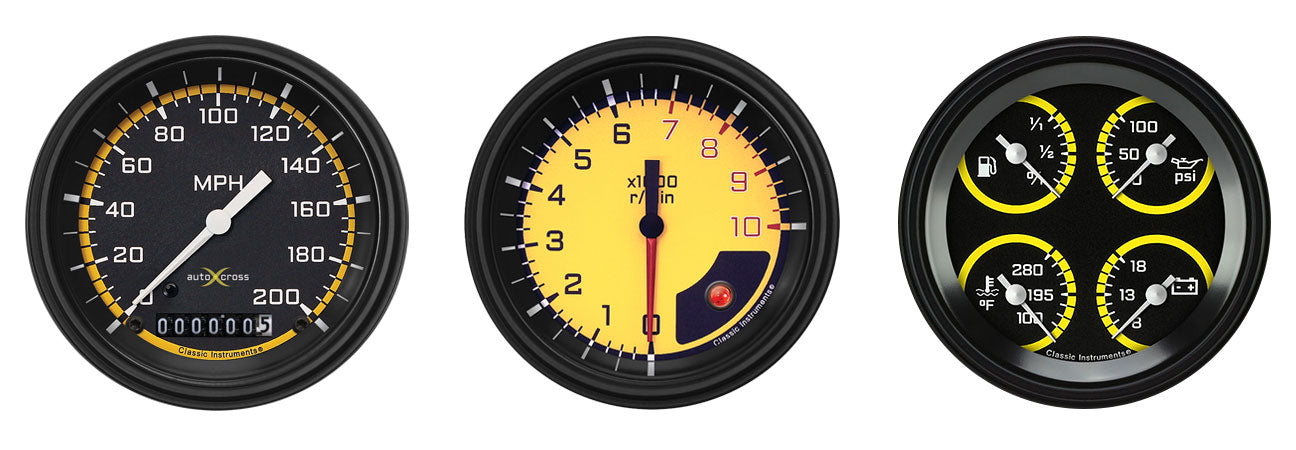 Classic Instruments AX03YBLF Autocross Yellow - 3 Gauge Set 3-3/8" Speedo, Tach & Dual