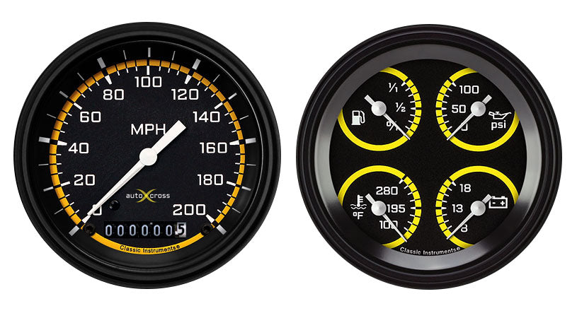 Classic Instruments AX02YBLF Autocross Yellow - 2 Gauge Set 3-3/8" Speedo & 3-3/8" Quad