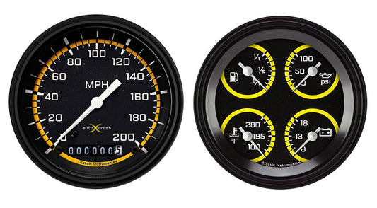 Classic Instruments AX02YBLF Autocross Yellow - 2 Gauge Set 3-3/8" Speedo & 3-3/8" Quad