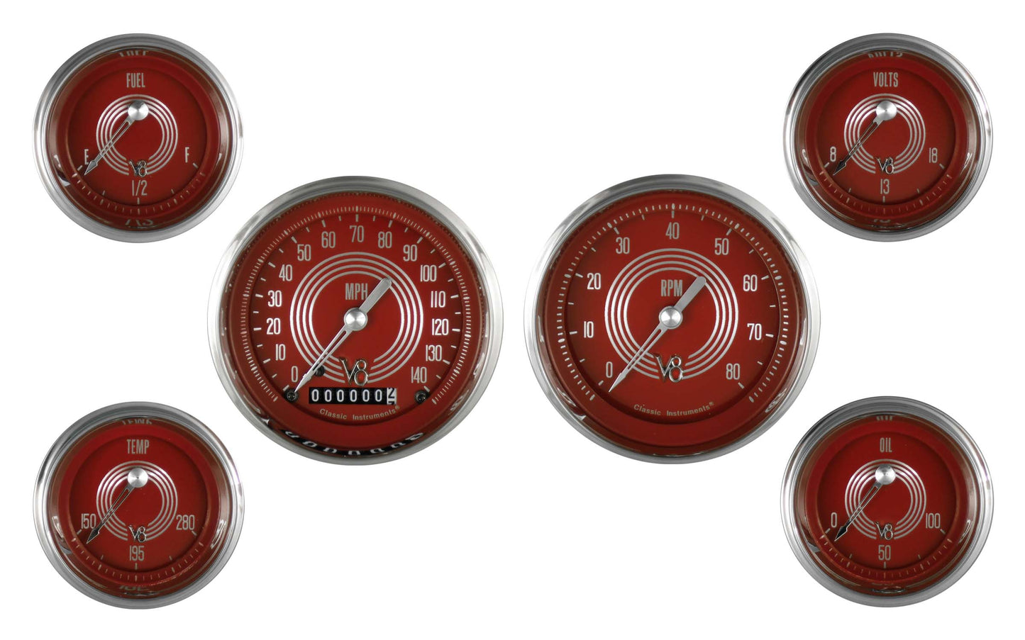 Classic Instruments V8RS51SLC V8 Red Steelie 4 - 5/8" Speedo & Tach, 2-1/8" Fuel