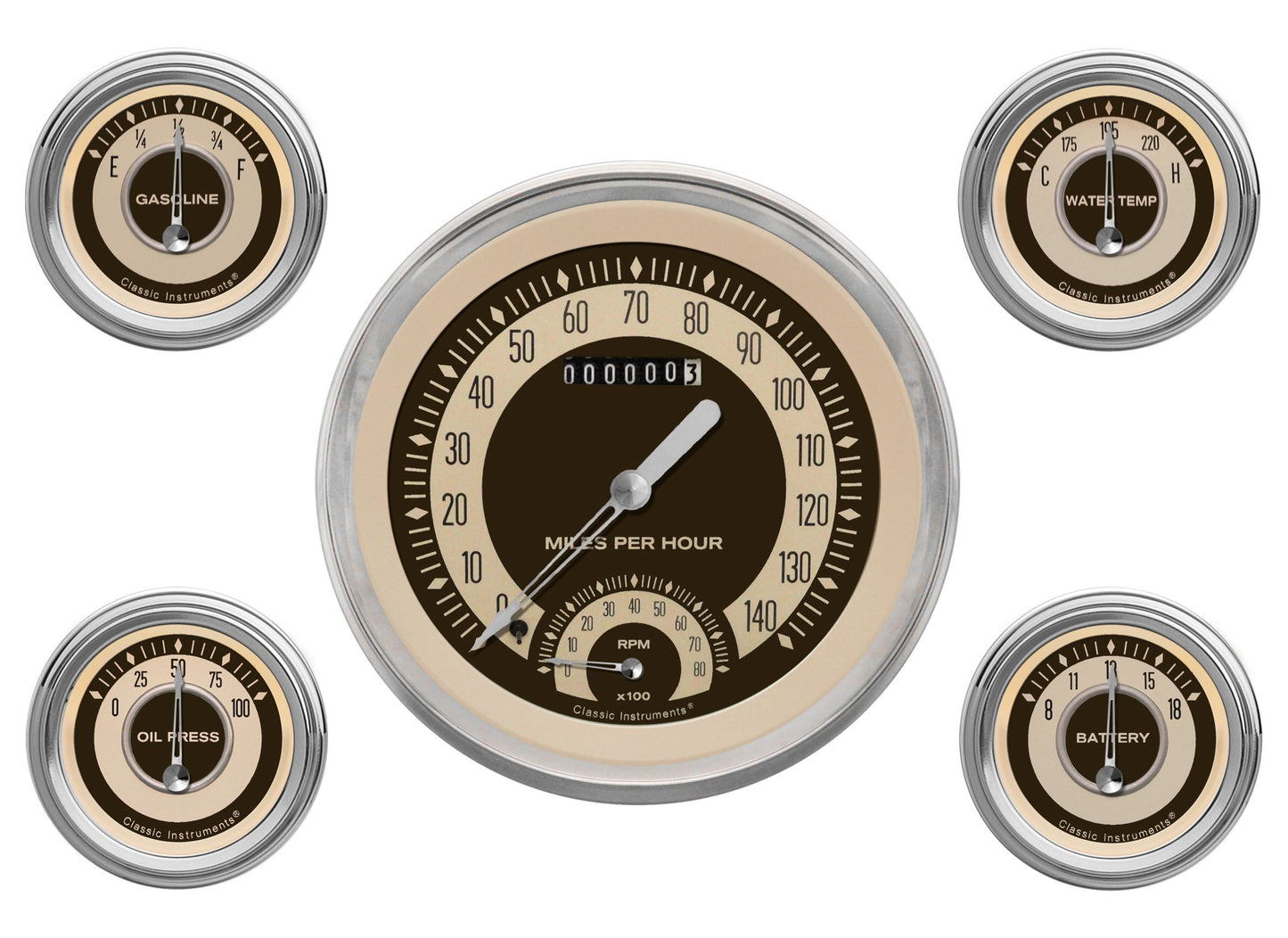 Classic Instruments NT65SLC Nostalgia VT - 5 Gauge Set 4-5/8" Speedtachular & 2-1/8" Fuel, Oil, Temp, Volts