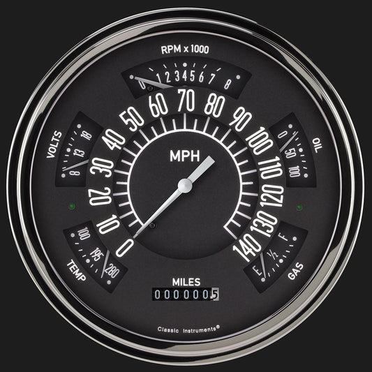 Classic Instruments SX01BSLF Black - 6 Gauge Set 3-3/8" Speedo & Tacho, 2-1/18" Fuel, Oil, Temp, Volts