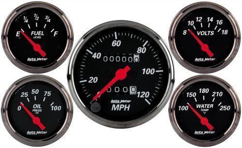 AutoMeter AU1400 Designer Black Gauge Kit Mech Speedo Fuel Water Temp Oil Volts