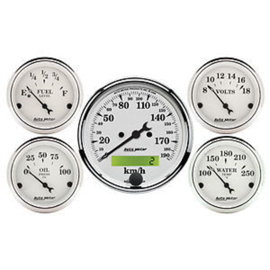 AutoMeter 1602-M 5 PC. GAUGE KIT, 3-1/8" & 2-1/16", ELEC. KM/H SPEEDOMETER, OLD TYME WHITE
