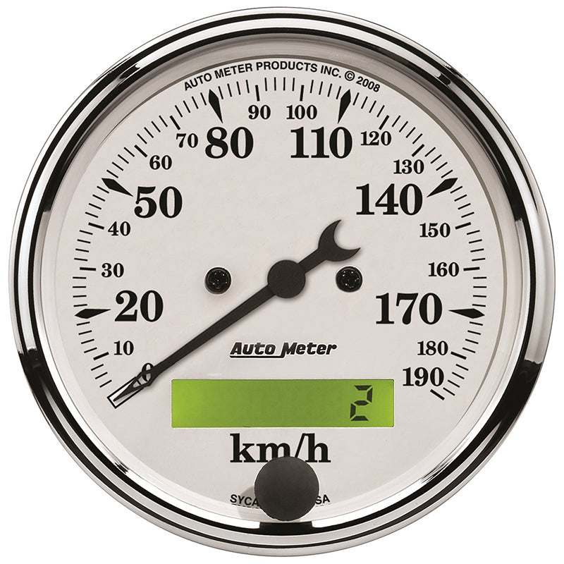 AutoMeter AU1688-M Old Tyme White Speedometer 3-1/8" In-Dash Elec Programmable 0-190 KPH