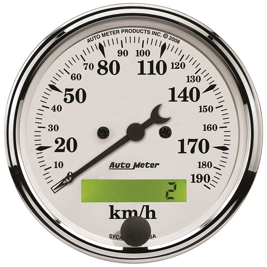 AutoMeter AU1688-M Old Tyme White Speedometer 3-1/8" In-Dash Elec Programmable 0-190 KPH