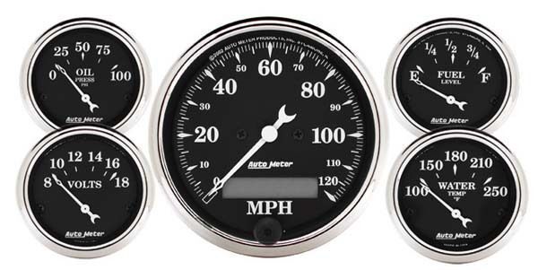 AutoMeter AU1709 Old Tyme Black 5 Gauge Kit Speedo Fuel Water Temp Oil Volts