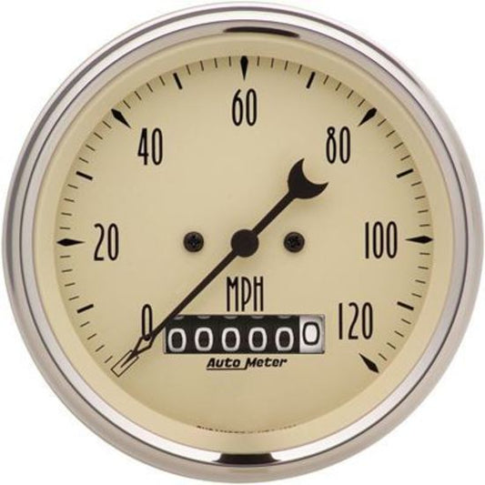 AutoMeter AU1879 Antique Beige Speedometer 0-120 MPH 3-3/8" Diameter Tripometer Analog Elecal