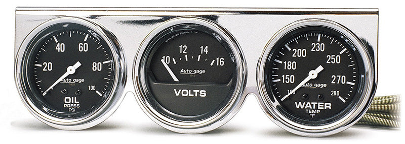 AutoMeter 2399 GAUGE CONSOLE, OILP/WTMP/VOLT, 2-5/8", 100 PSI/280 F/16V, BLK DIAL, CHROME BZL