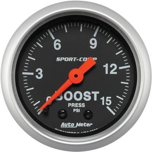 AutoMeter AU3302 Sport-Comp Boost Pressure 0-15 PSI 2-1/16" Black Face Analog Mech