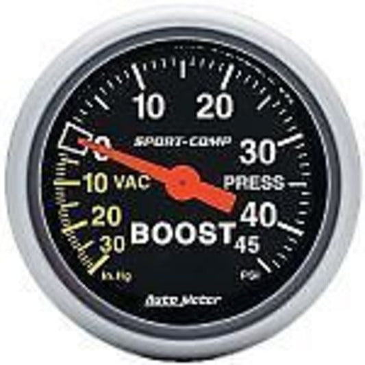 AutoMeter AU3308 Sport-Comp 2-1/16" Mech Boost/Vacuum Gauge 30In Hg/45 PSI