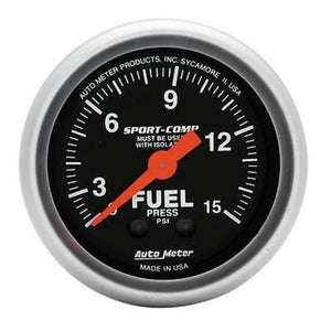 AutoMeter AU3313 Sport-Comp 2-1/16" Mech Fuel Pressure Gauge 0-15 PSI W/Isolator