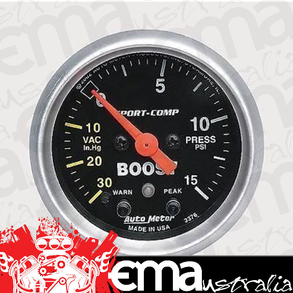 AutoMeter AU3376 Sport-Comp 2-1/16" Elecal Boost/Vacuum Gauge 30In. Hg/15PSI
