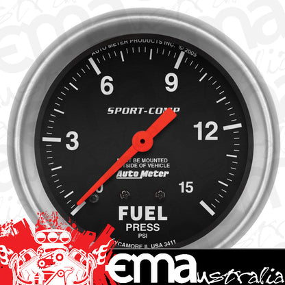 AutoMeter 3411 2-5/8" FUEL PRESSURE, 0-15 PSI, SPORT-COMP