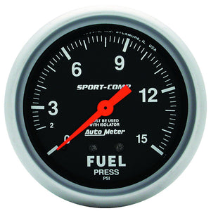 AutoMeter AU3413 Sport-Comp Fuel Pressure Gauge 0-15 PSI 2-5/8" Full Sweep Mech with Isolator
